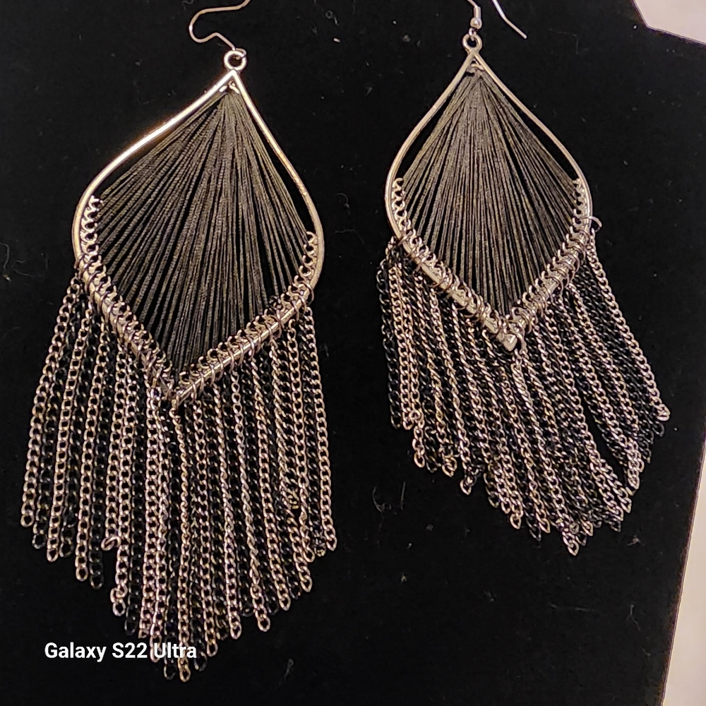 Elegant Silver Black Large Teardrop Metal Tassel Waterfall Dangle Earrings